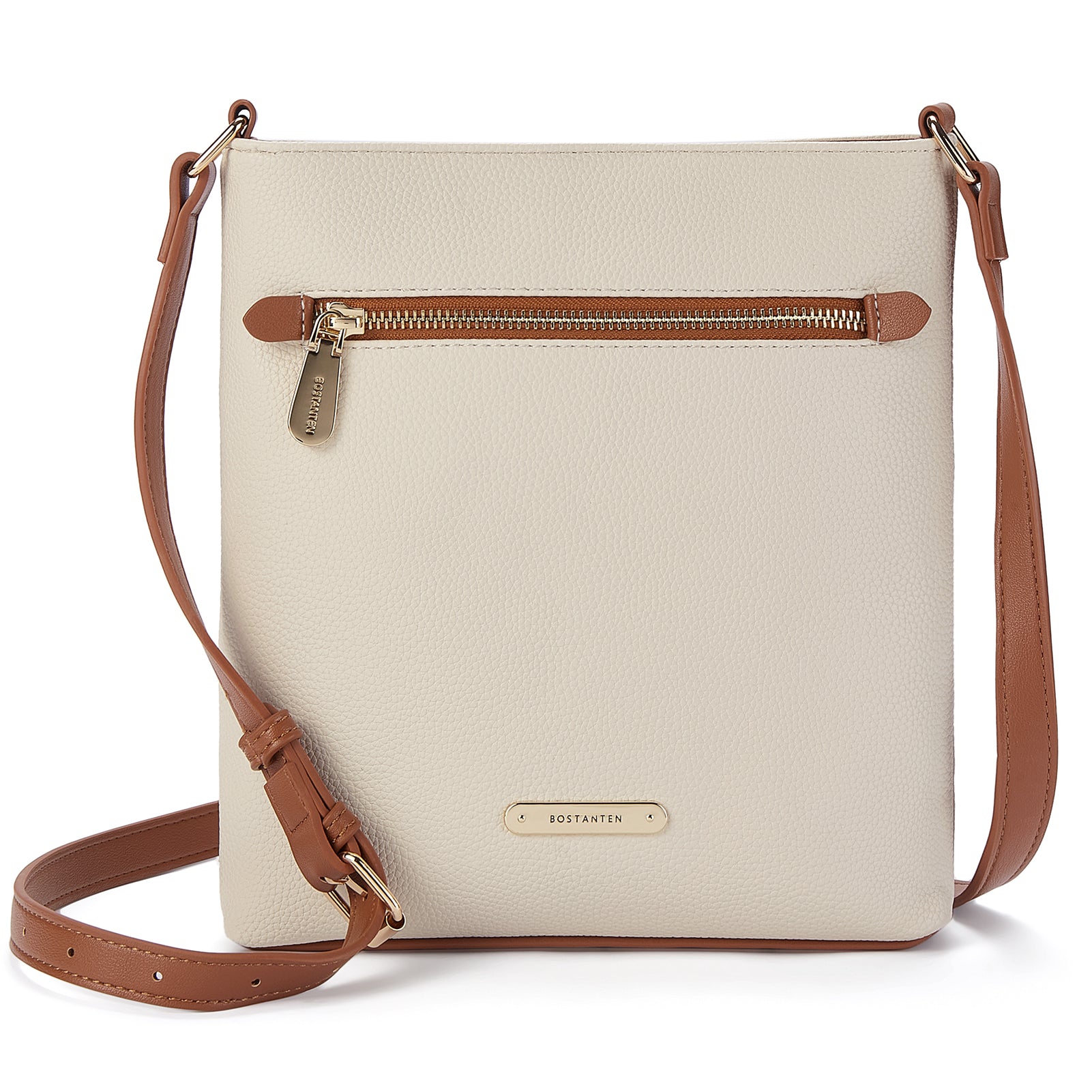 BOSTANTEN Crossbody Bags for Women Leather Zipper Pocket Crossbody Shoulder Purses Medium size White Beige Pebble