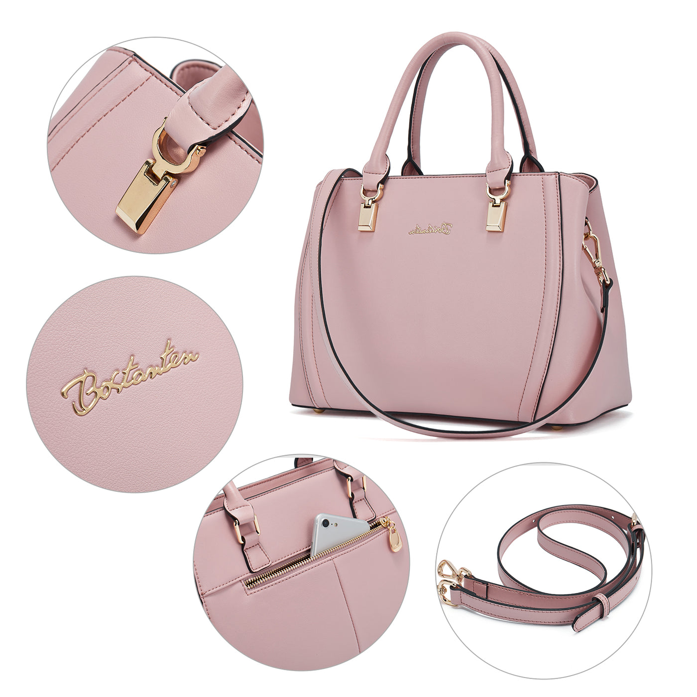 BOSTANTEN Women Leather Handbag Designer Top Handle Satchel Shoulder Bag Crossbody Purse, Pink